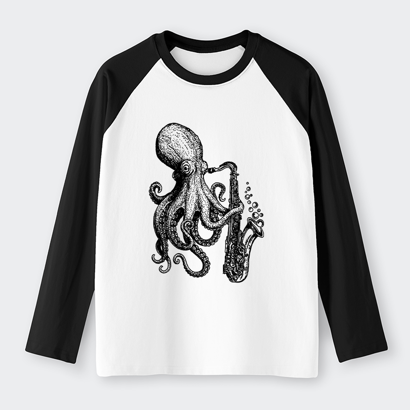 Tokyo-Tiger Octopus Playing Saxophone Raglan Long Sleeve T-shirt