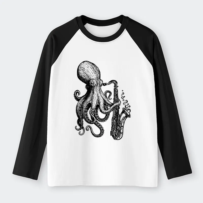Tokyo-Tiger Octopus Playing Saxophone Raglan Long Sleeve T-shirt