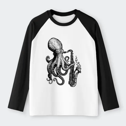 Tokyo-Tiger Octopus Playing Saxophone Raglan Long Sleeve T-shirt