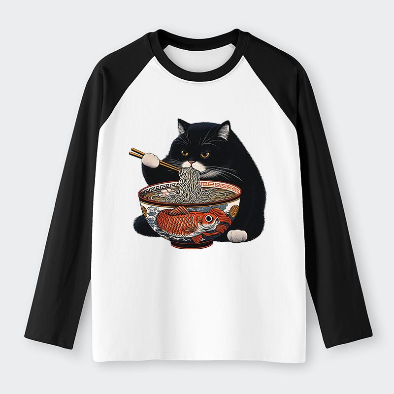 Tokyo-Tiger Fat Cat Eating Ramen Raglan Long Sleeve T-shirt