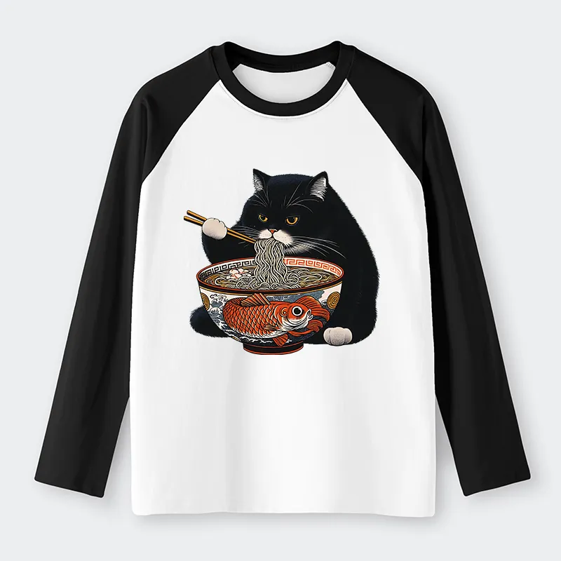 Tokyo-Tiger Fat Cat Eating Ramen Raglan Long Sleeve T-shirt