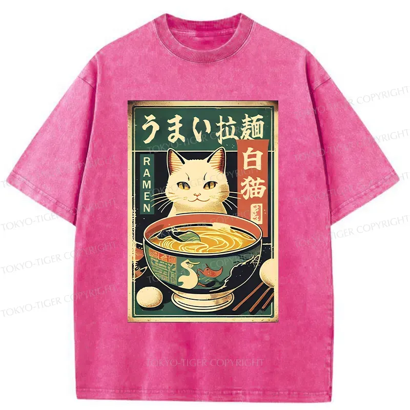 Tokyo-Tiger White Cat Eating Ramen Washed T-Shirt Sale