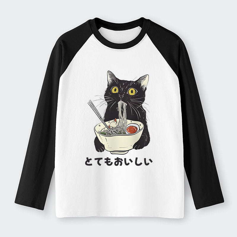 Tokyo-Tiger Cats Eat Ramen Noodles Raglan Long Sleeve T-shirt