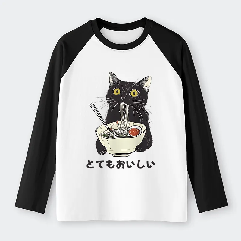 Tokyo-Tiger Cats Eat Ramen Noodles Raglan Long Sleeve T-shirt