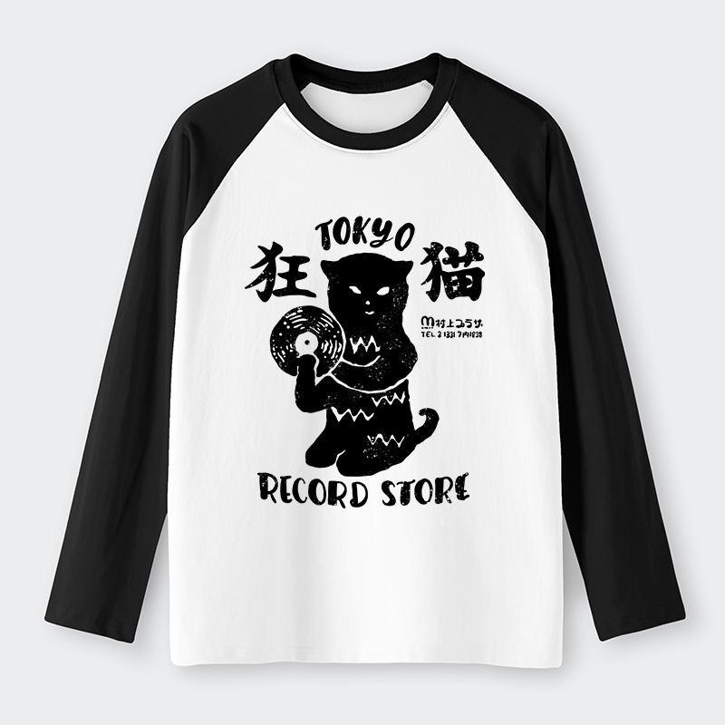 Tokyo-Tiger Tokyo Record Store Cat CD Raglan Long Sleeve T-shirt