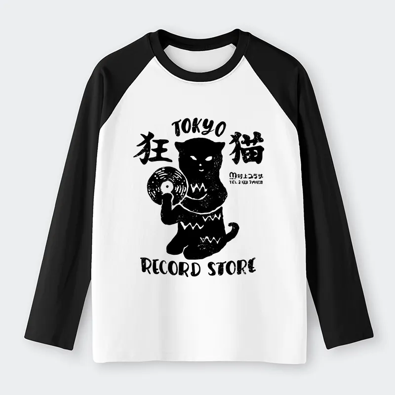 Tokyo-Tiger Tokyo Record Store Cat CD Raglan Long Sleeve T-shirt