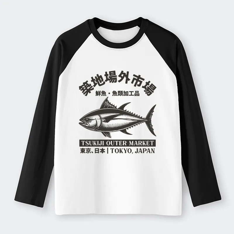 Tokyo-Tiger Sakana Tsukiji Fish Market Raglan Long Sleeve T-shirt