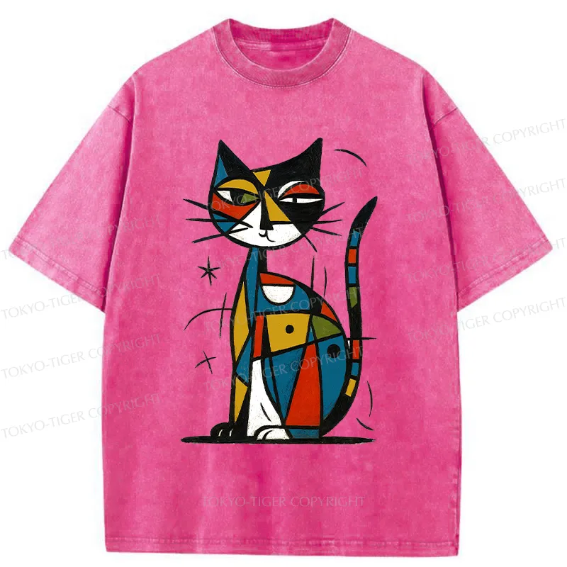 Tokyo-Tiger Abstract Japanese Cat Washed T-Shirt