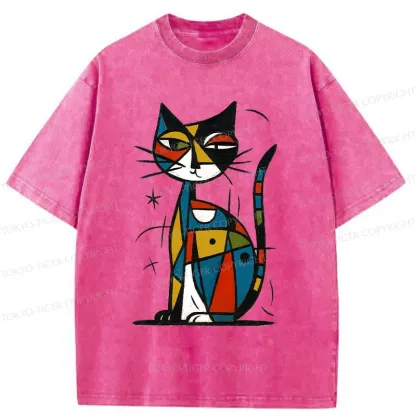 Tokyo-Tiger Abstract Japanese Cat Washed T-Shirt