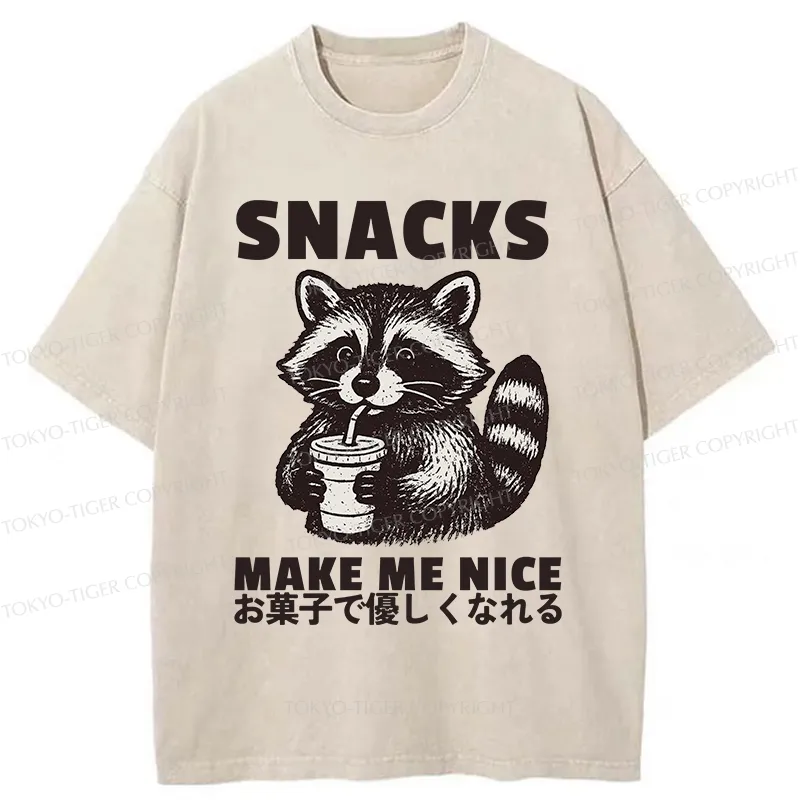 Tokyo-Tiger Raccoon Eating Snacks Washed T-Shirt