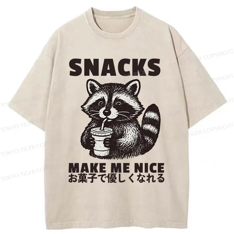 Tokyo-Tiger Raccoon Eating Snacks Washed T-Shirt