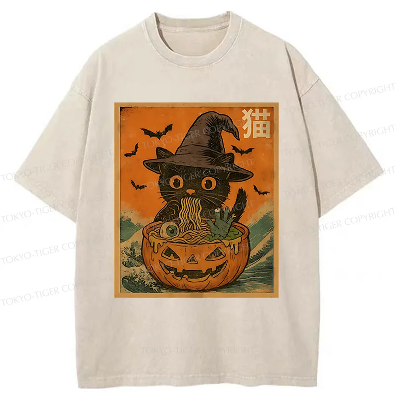 Tokyo-Tiger Halloween Cat Eating Ramen Washed T-Shirt
