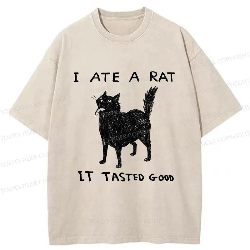 Tokyo-Tiger Cat Tasting Delicious Mouse Washed T-Shirt