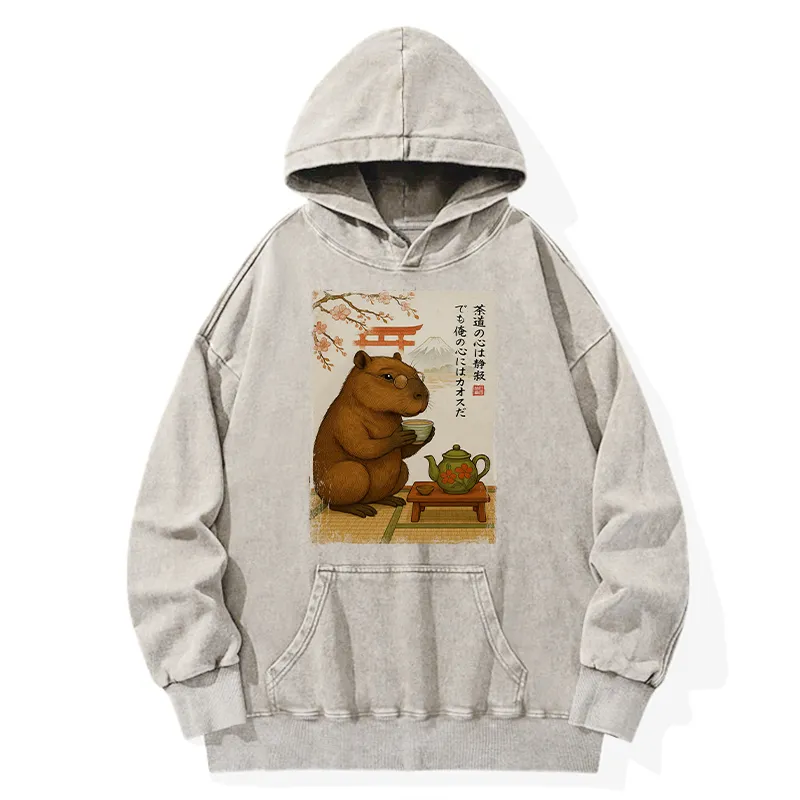 Tokyo-Tiger Tea Time With a Capybara Washed Hoodie