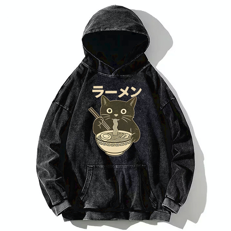 Tokyo-Tiger Simple Black Cat Eating Ramen Washed Hoodie