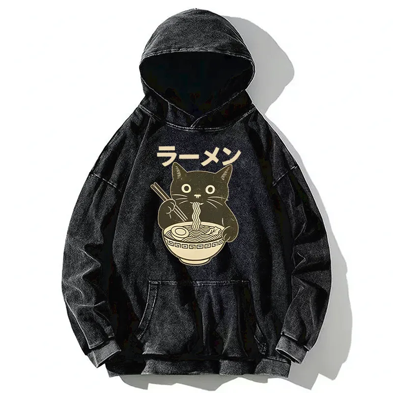 Tokyo-Tiger Simple Black Cat Eating Ramen Washed Hoodie