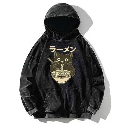 Tokyo-Tiger Simple Black Cat Eating Ramen Washed Hoodie