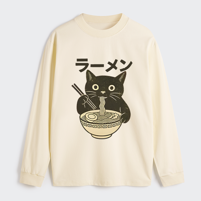 Tokyo-Tiger Simple Black Cat Eating Ramen Classic Long Sleeve T-Shirt