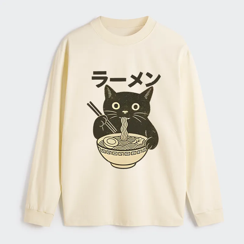 Tokyo-Tiger Simple Black Cat Eating Ramen Classic Long Sleeve T-Shirt