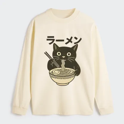 Tokyo-Tiger Simple Black Cat Eating Ramen Classic Long Sleeve T-Shirt