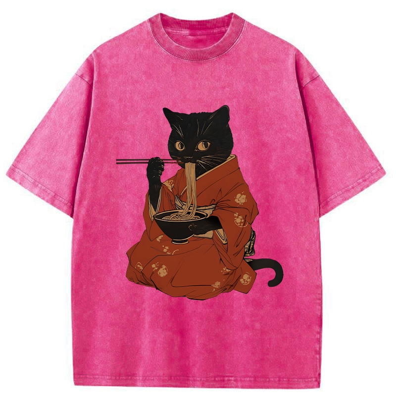 Tokyo-Tiger Cat Addicted To Ramen Washed T-Shirt