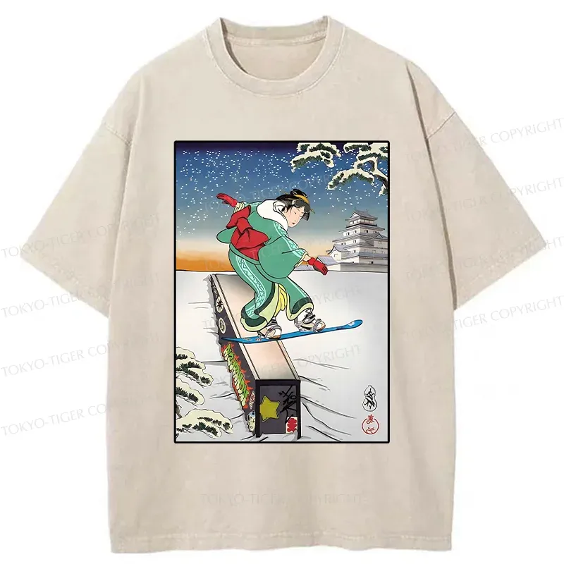 Tokyo-Tiger Skiing Geisha Washed T-Shirt