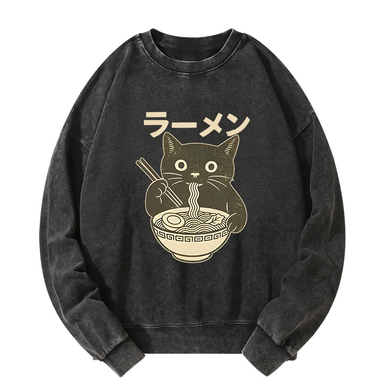 Tokyo-Tiger Simple Black Cat Eating Ramen Washed Sweatshirt