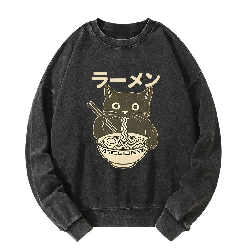 Tokyo-Tiger Simple Black Cat Eating Ramen Washed Sweatshirt