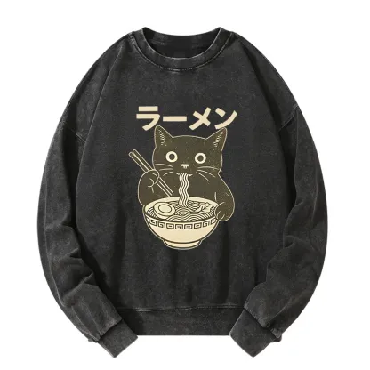 Tokyo-Tiger Simple Black Cat Eating Ramen Washed Sweatshirt