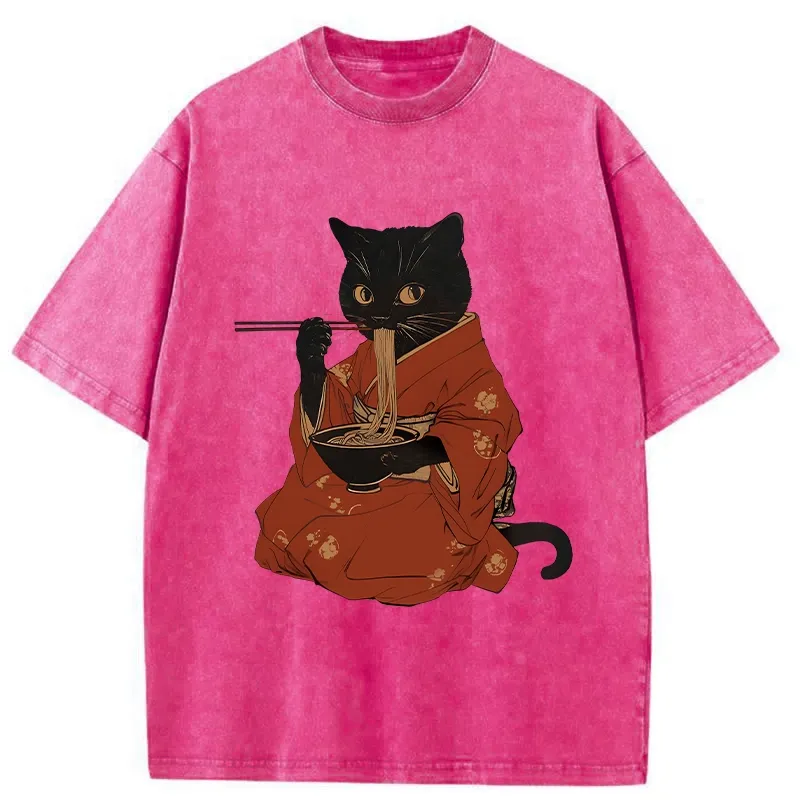 Tokyo-Tiger Cat Addicted To Ramen Washed T-Shirt