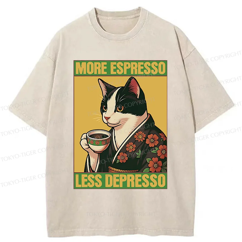 Tokyo-Tiger Tuxedo Cat Drinking Coffee Washed T-Shirt