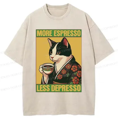 Tokyo-Tiger Tuxedo Cat Drinking Coffee Washed T-Shirt