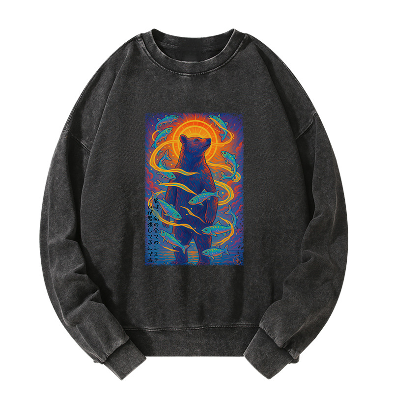 Tokyo-Tiger Ukiyoe Bear and Fish Vintage Poster Washed Sweatshirt