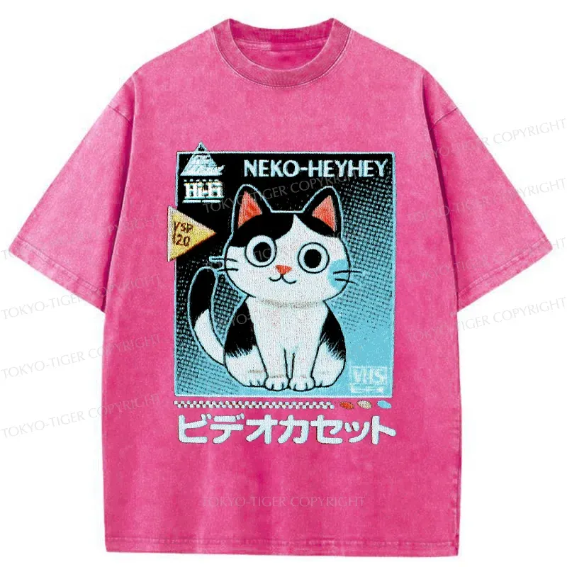Tokyo-Tiger Retro Cat Videos Washed T-Shirt