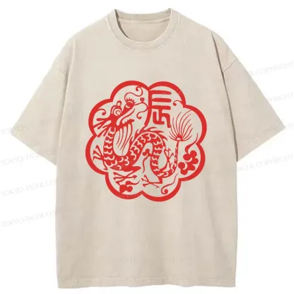 Tokyo-Tiger Dragon Paper Cutting Washed T-Shirt