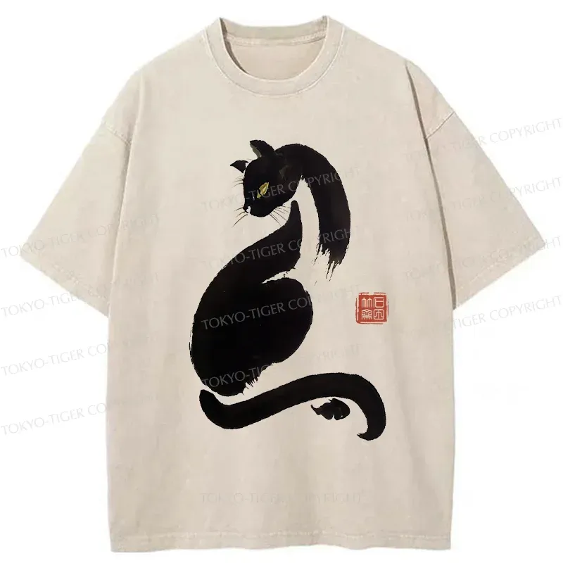 Tokyo-Tiger Elegant Black Cat Washed T-Shirt