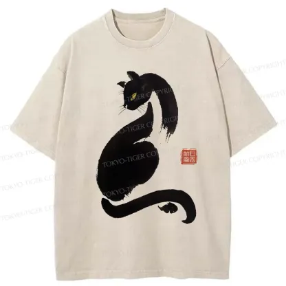Tokyo-Tiger Elegant Black Cat Washed T-Shirt