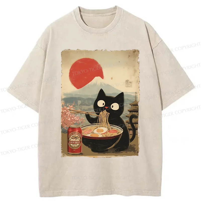 Tokyo-Tiger Cat Eating Ramen And Drinking Beer Washed T-Shirt