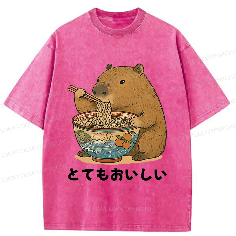 Tokyo-Tiger Capybara Eating Ramen Japan Washed T-Shirt