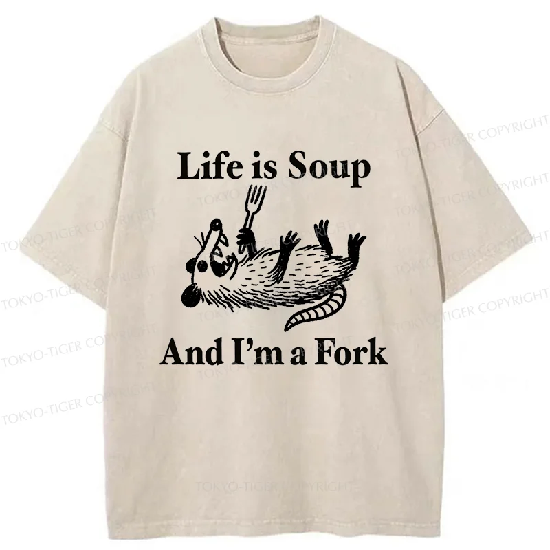 Tokyo-Tiger Possum Holding A Fork Washed T-Shirt