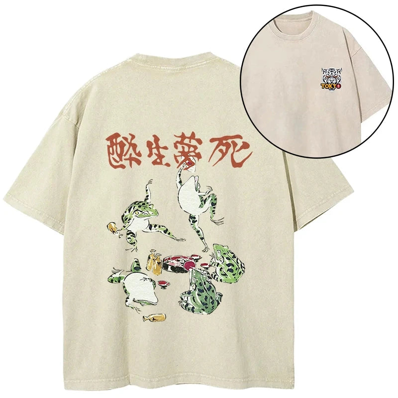 Tokyo-Tiger Japanese Frog Osake Kanji Front Back Washed T-Shirt