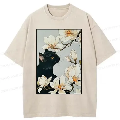 Tokyo-Tiger Cat Under Magnolia Blossoms Washed T-Shirt