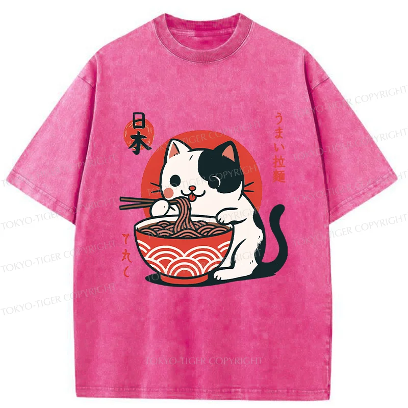 Tokyo-Tiger Cute Kitten Eating Ramen Washed T-Shirt