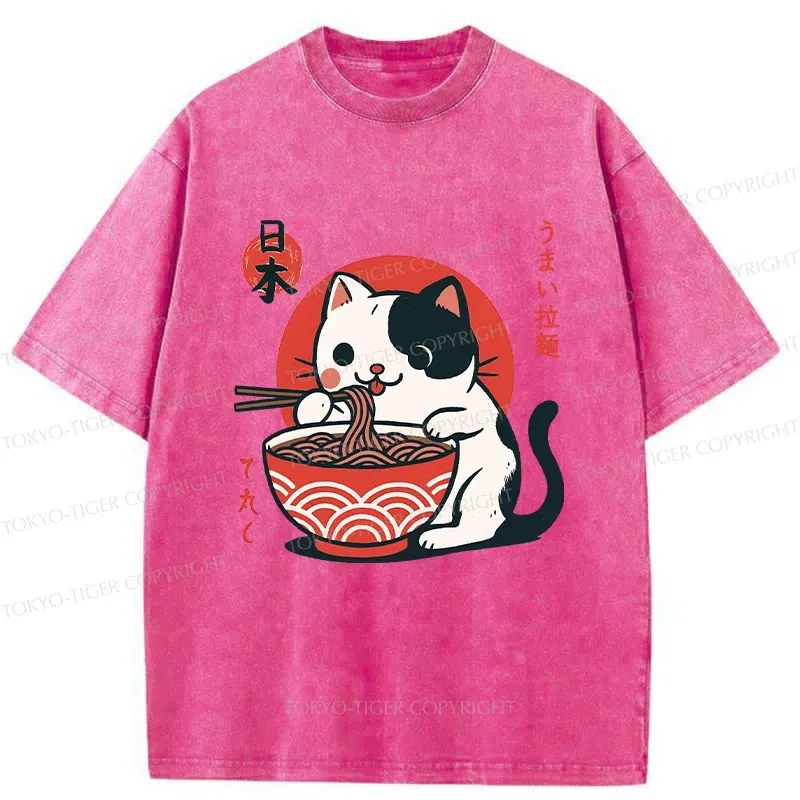 Tokyo-Tiger Cute Kitten Eating Ramen Washed T-Shirt