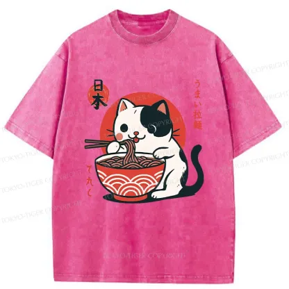 Tokyo-Tiger Cute Kitten Eating Ramen Washed T-Shirt