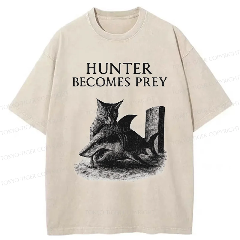 Tokyo-Tiger Cat Eats Shark Washed T-Shirt