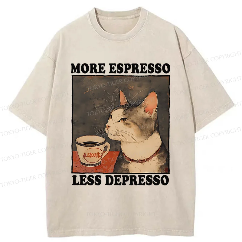 Tokyo-Tiger Cute Cat Drinking Coffee Washed T-Shirt