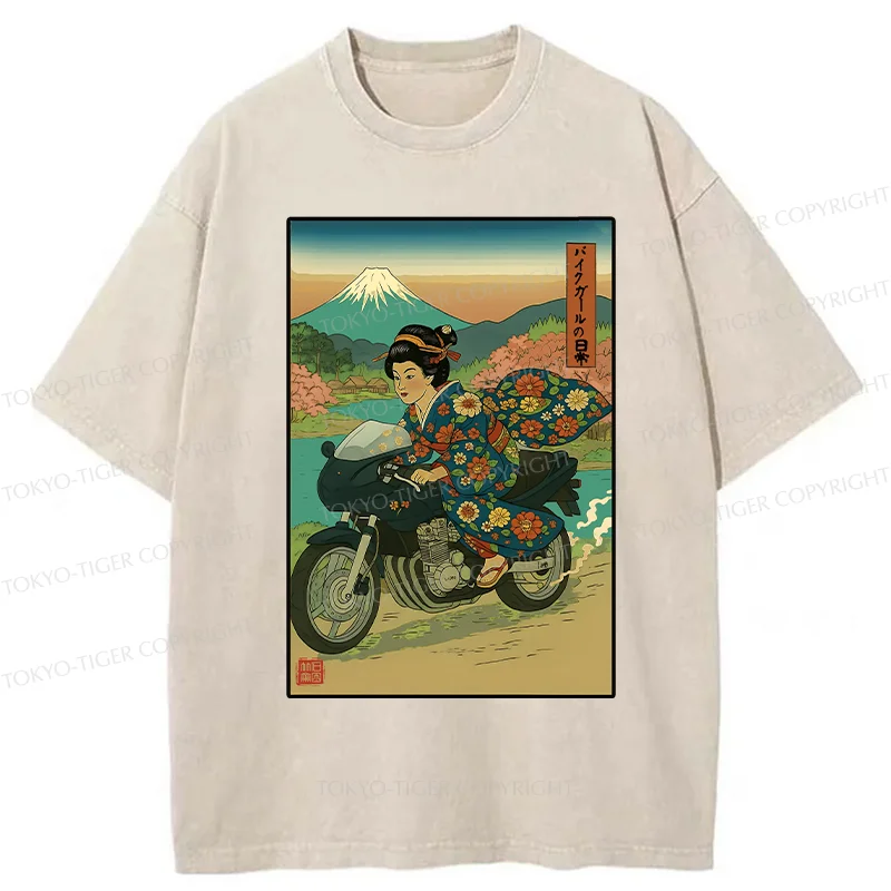Tokyo-Tiger Geisha Riding A Motorcycle Washed T-Shirt