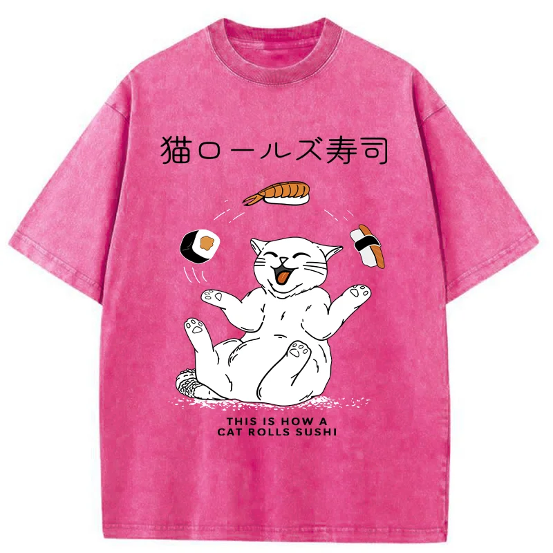 Tokyo-Tiger Funny Cat Rolls Sushi Washed T-Shirt