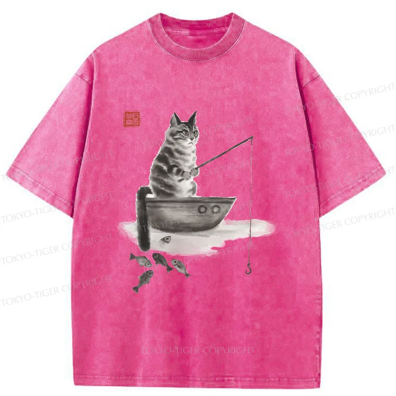 Tokyo-Tiger Cat Fishing Washed T-Shirt
